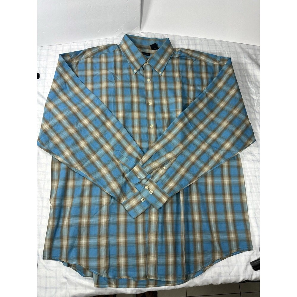 Van Heusen Men's XL Shirt Blue Tan Plaid Check Button Down Long Sleeve 17-17.5